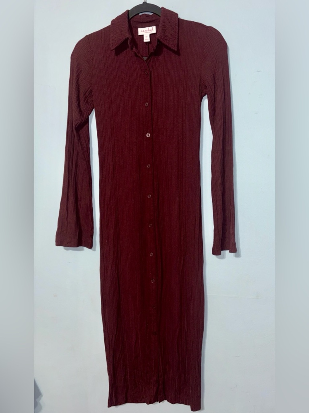 Isabel XS Ribbed Slinky Soft Long-Sleeve Button-Up Midi Dress in Deep Rich Brown